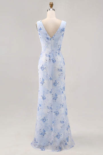 Blue Flower Cowl Neck Sheath Long Wedding Guest Dress